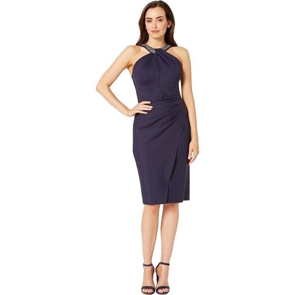 Alex Evenings Embellished Halter Sheath Dress Navy Womens Size 2 - Picture 1 of 13